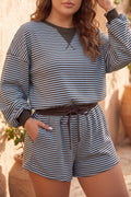 Brown Stripe Ribbed Colorblock Detail Long Sleeve Top and Shorts Plus Size Outfit PREORDER ETA 3 WEEKS