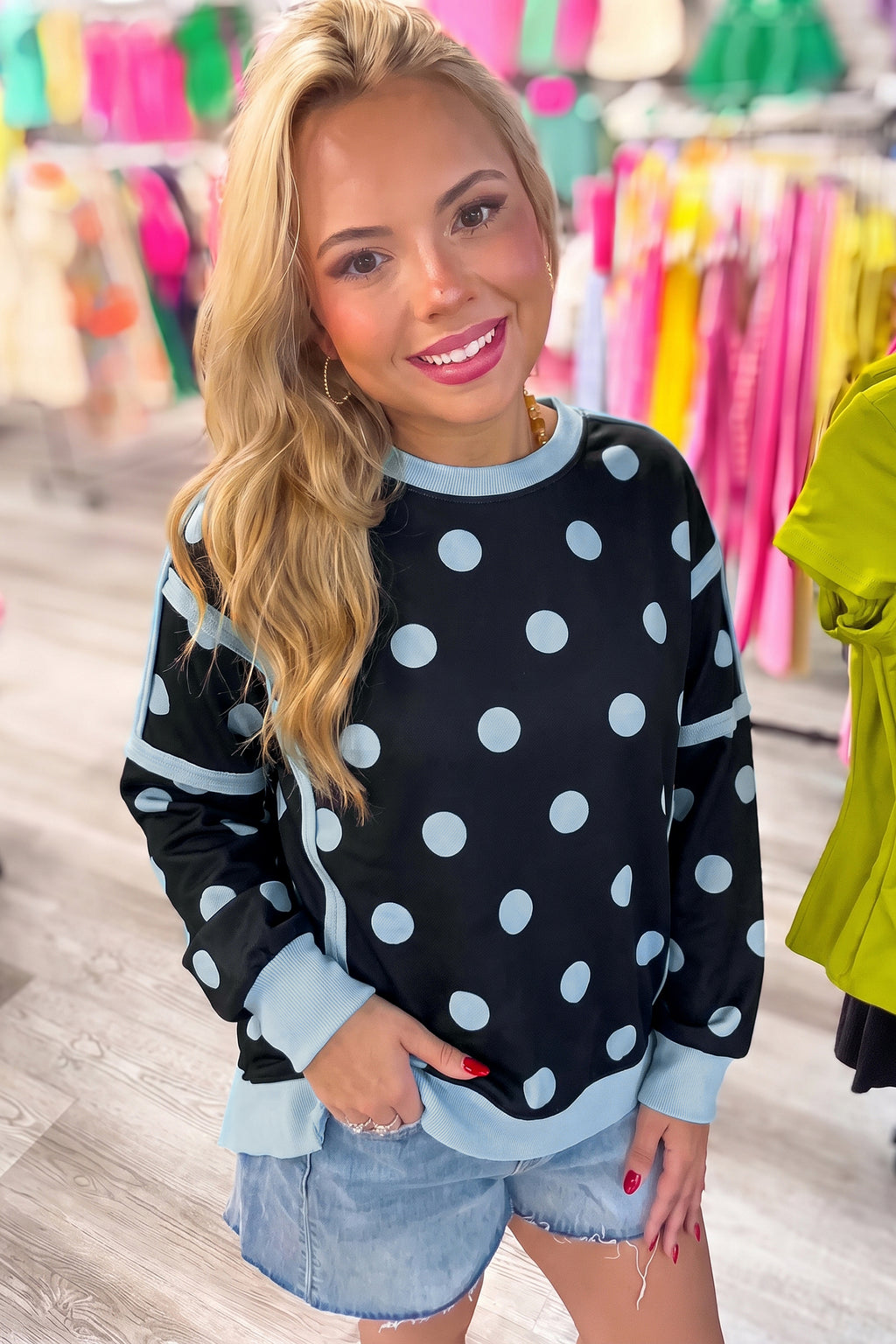 Black Polka Dot Contrast Patchwork Round Neck Baggy Sweatshirt PREORDER ETA 3 WEEKS