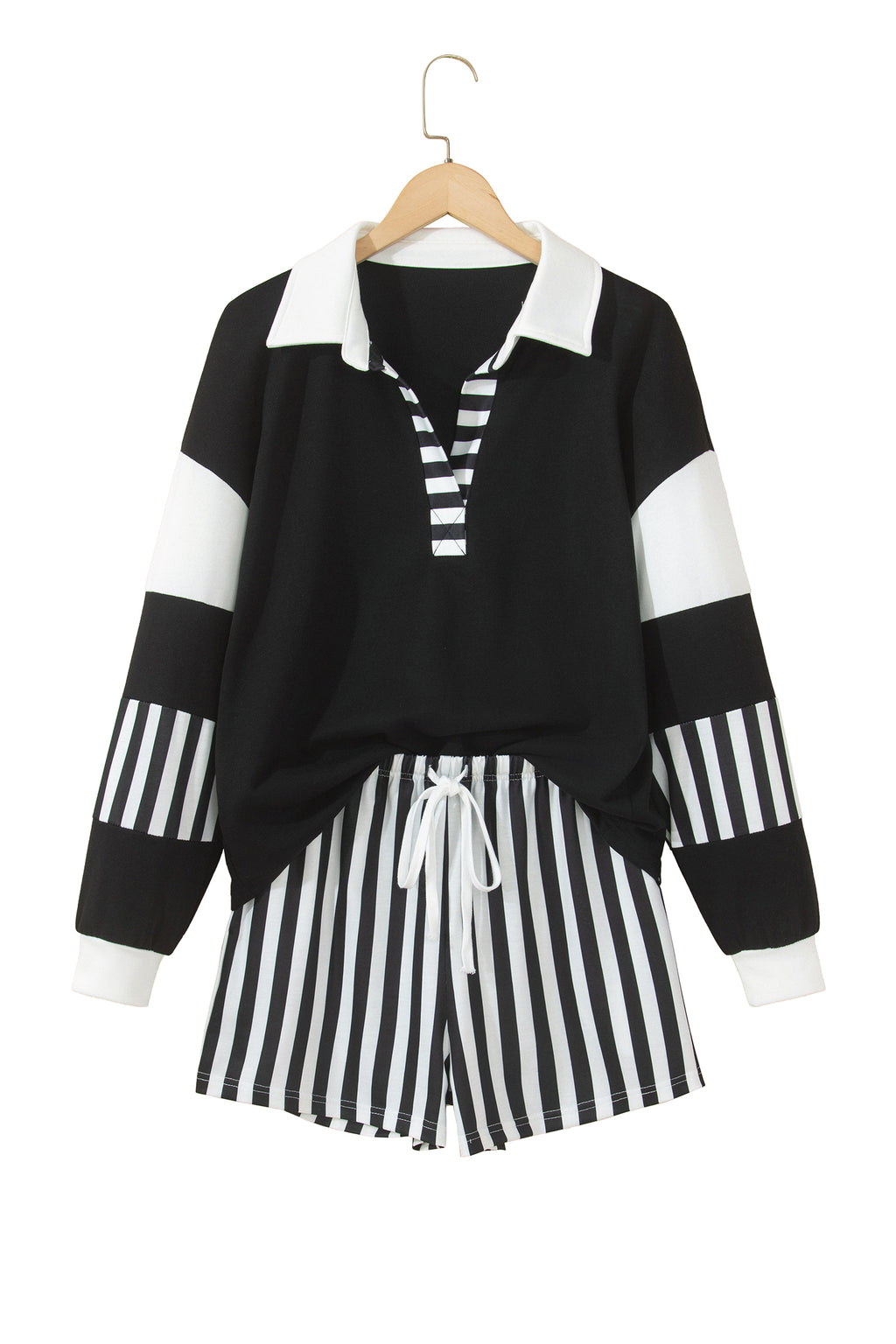 Black Striped Color Block Pullover Top Drawstring Shorts Set PREORDER ETA 3 WEEKS