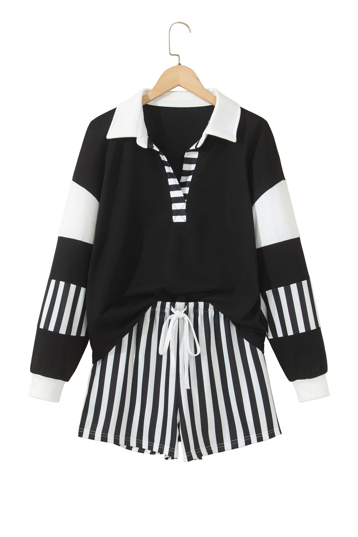 Black Striped Color Block Pullover Top Drawstring Shorts Set PREORDER ETA 3 WEEKS