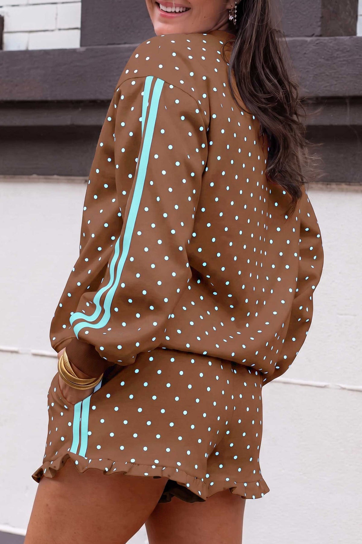 Brown Polka Dot Print Side Stripe Detail Casual Sweatshirt 2pcs Short Set PREORDER ETA 3 WEEKS