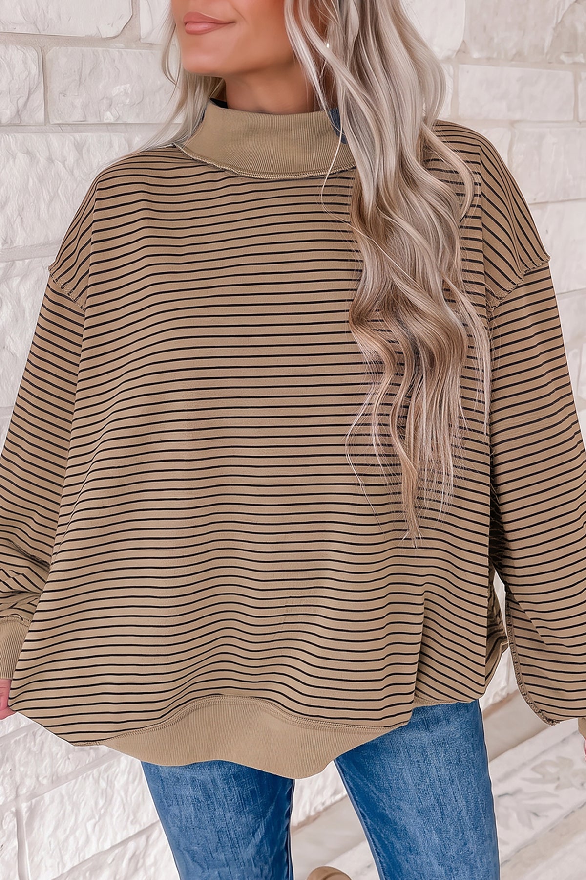 Khaki Stripe Ribbed Color Block Mock Neck Oversized Sweatshirt PREORDER ETA 3 WEEKS
