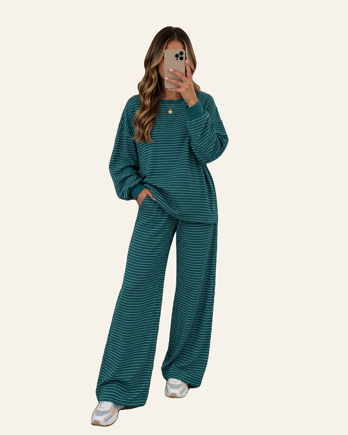 Green Stripe Dropped Shoulder Long Sleeve Top Elastic Waist Pants Casual 2pcs Set PREORDER ETA 3 WEEKS