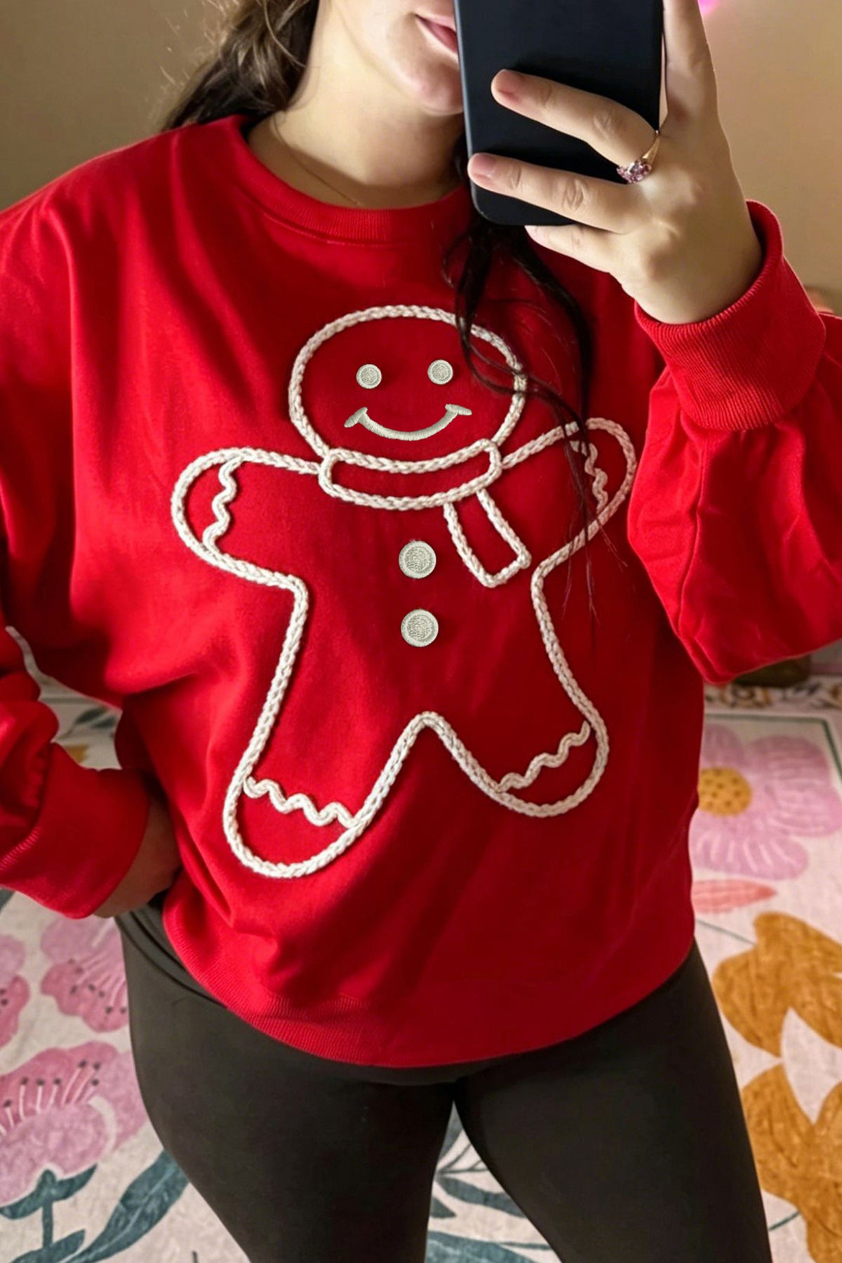 Fiery Red Christmas Embroidered Long Sleeve Casual Round Neck Loose Fit Sweatshirt PREORDER ETA 3 WEEKS