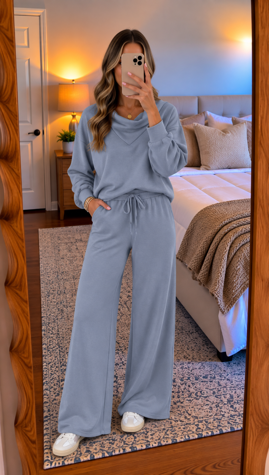 Navy Blue Solid Color Cowl Neck Drawstring Pullover Wide Leg Athleisure Pants Set PREODER
