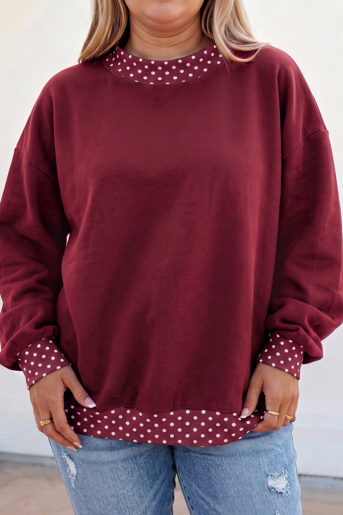 Brown Polka Dot Patchwork Round Neck Plus Size Sweatshirt PREORDER ETA 3 WEEKS