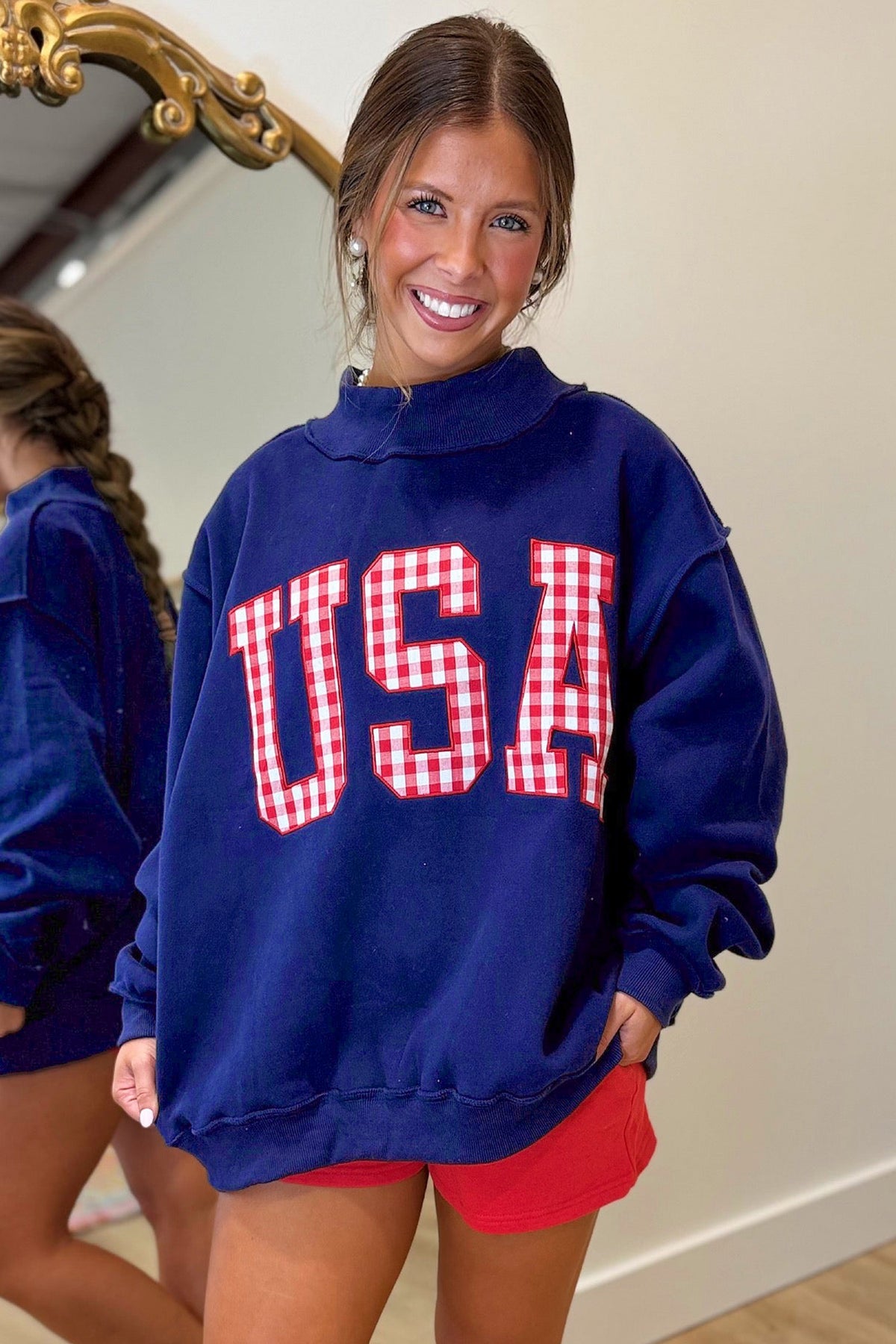 Navy Blue USA Gingham Slogan Exposed Seam Mock Neck Baggy Pullover Sweatshirt PREORDER ETA 3 WEEKS