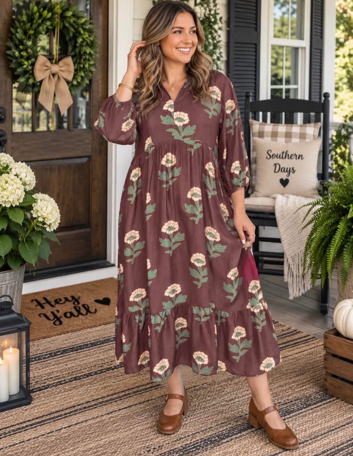 Brown Floral Print V-Neck Long Sleeve Loose Shift Plus Size Dress PREORDER ETA 3 WEEKS