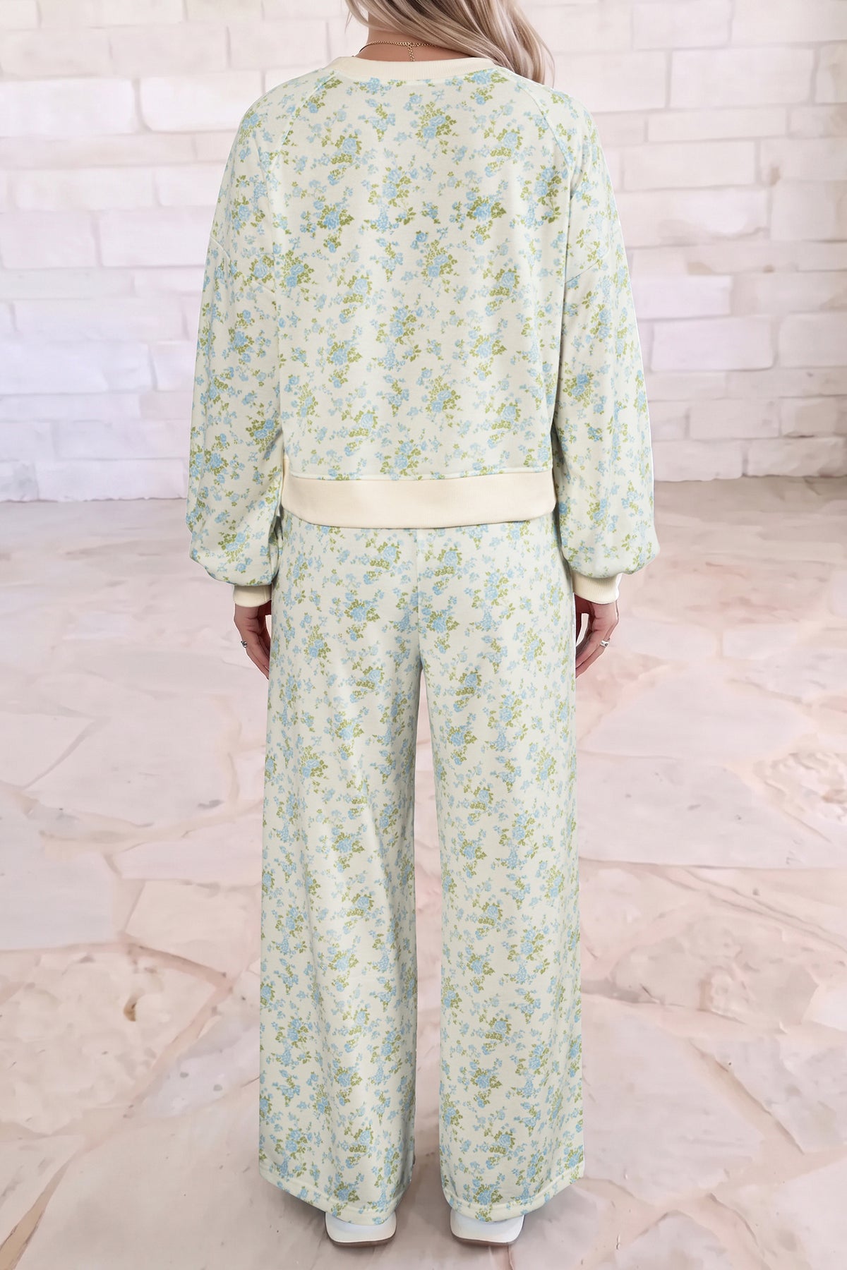 Sky Blue Floral Print Long Sleeve Top Drawstring Wide Leg Pants Set PREORDER ETA 3 WEEKS