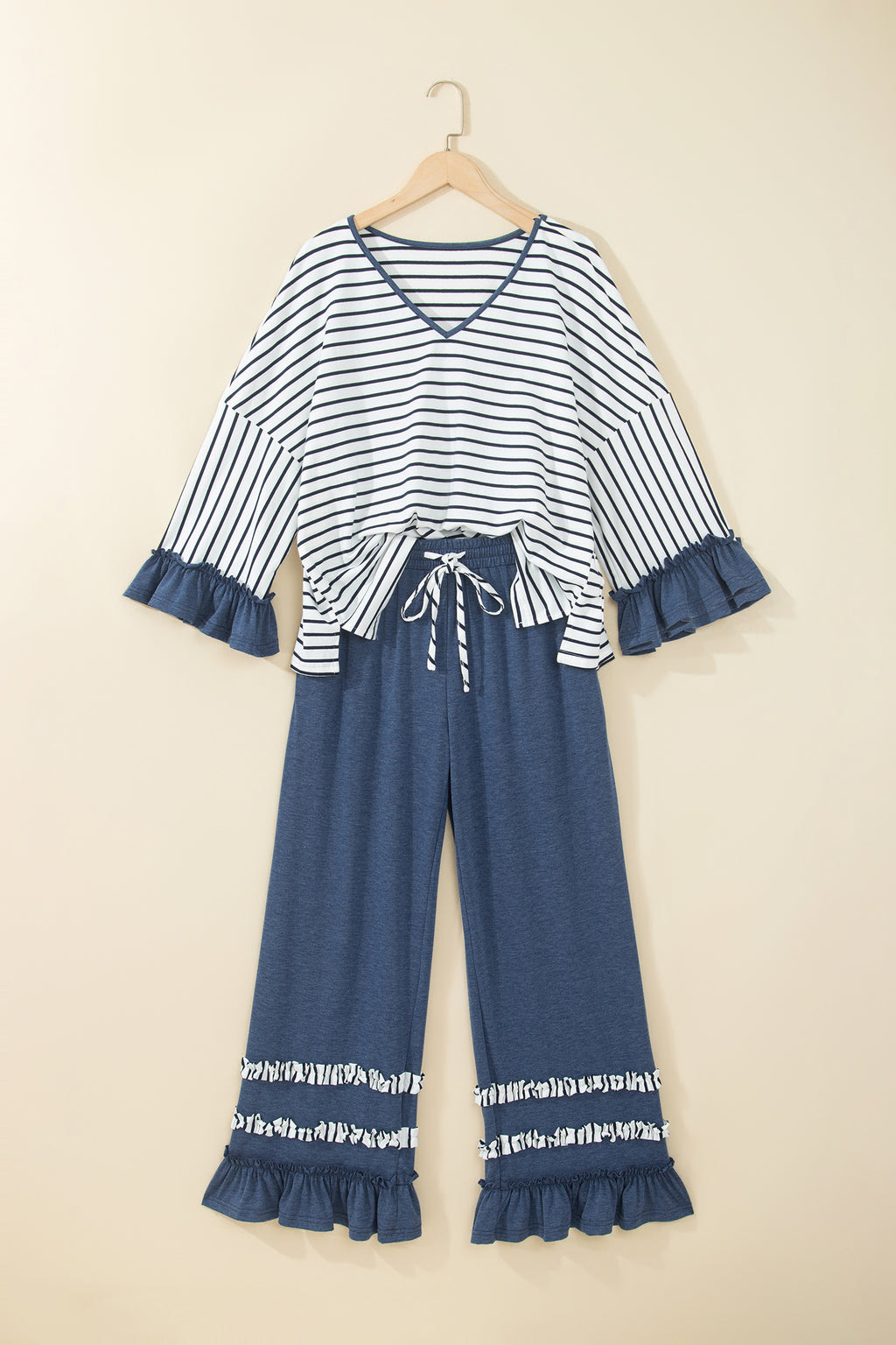 Blue Stripe V Neck Ruffle Contrast Sleeve Top Drawstring Pants 2pcs Set PREODER