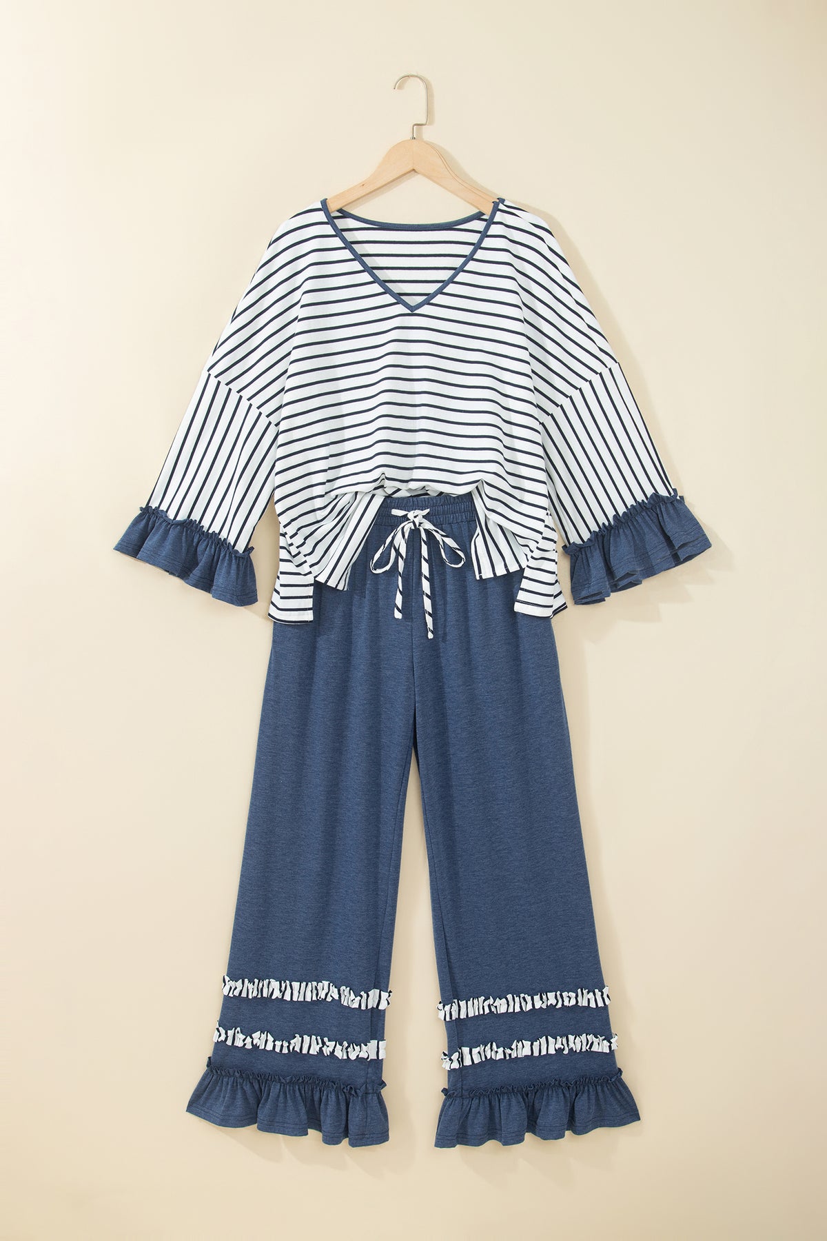 Blue Stripe V Neck Ruffle Contrast Sleeve Top Drawstring Pants 2pcs Set PREODER