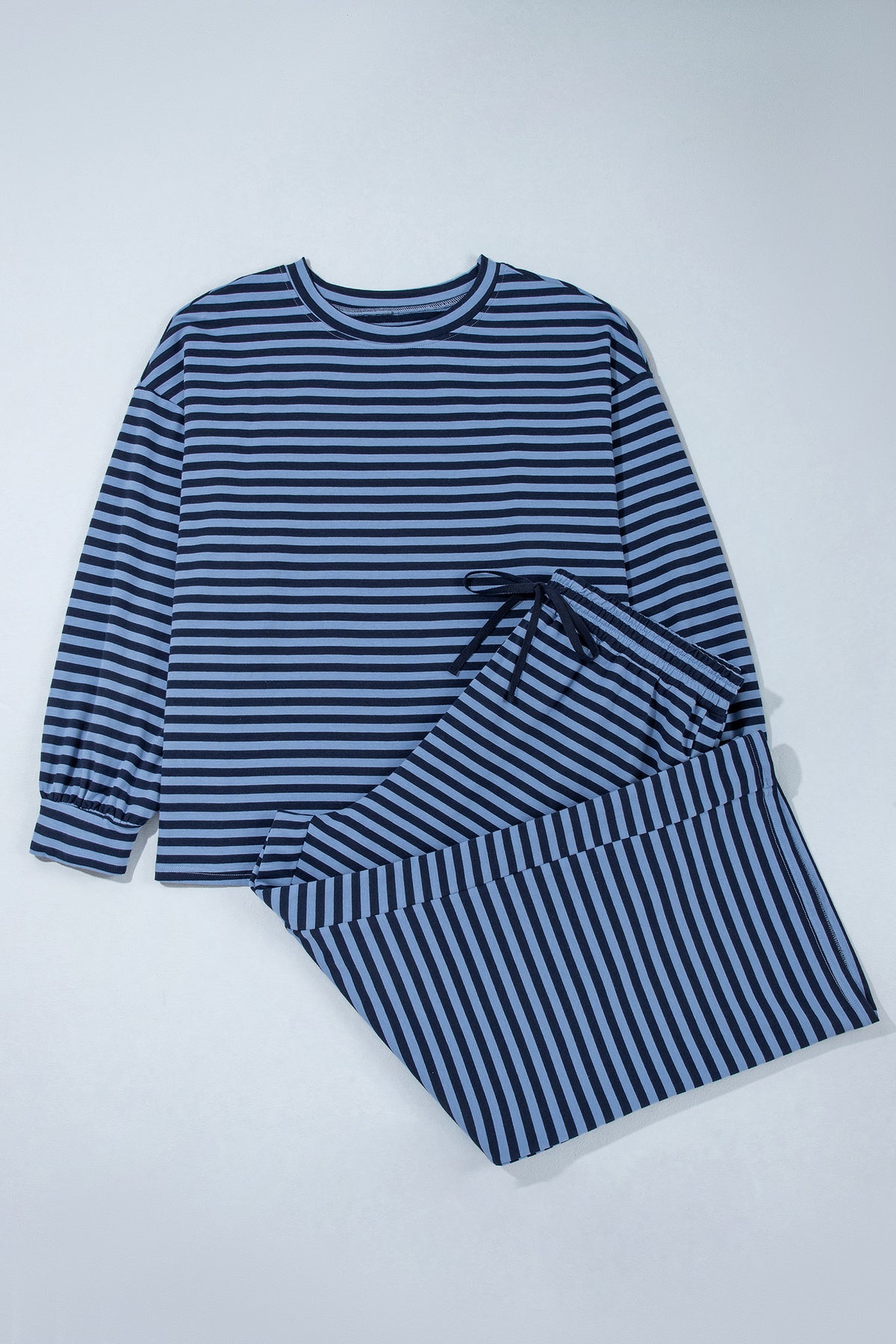 Blue Stripe Long Sleeve Drawstring Waist Plus Size Lounge Pants Set PREORDER ETA 3 WEEKS