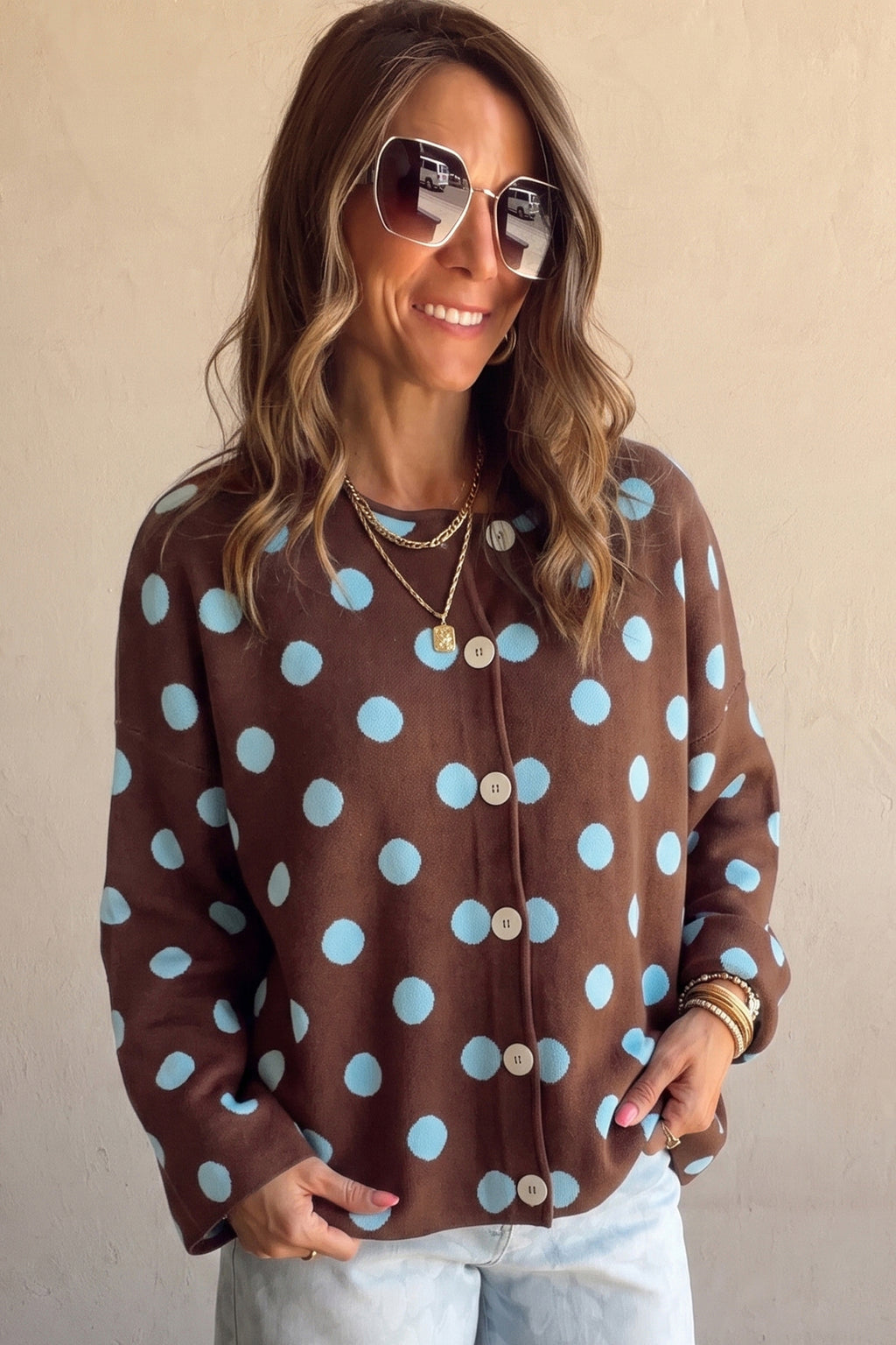 Brown Polka Dot Button Down Dropped Shoulder Shift Cardigan PREORDER ETA 3 WEEKS