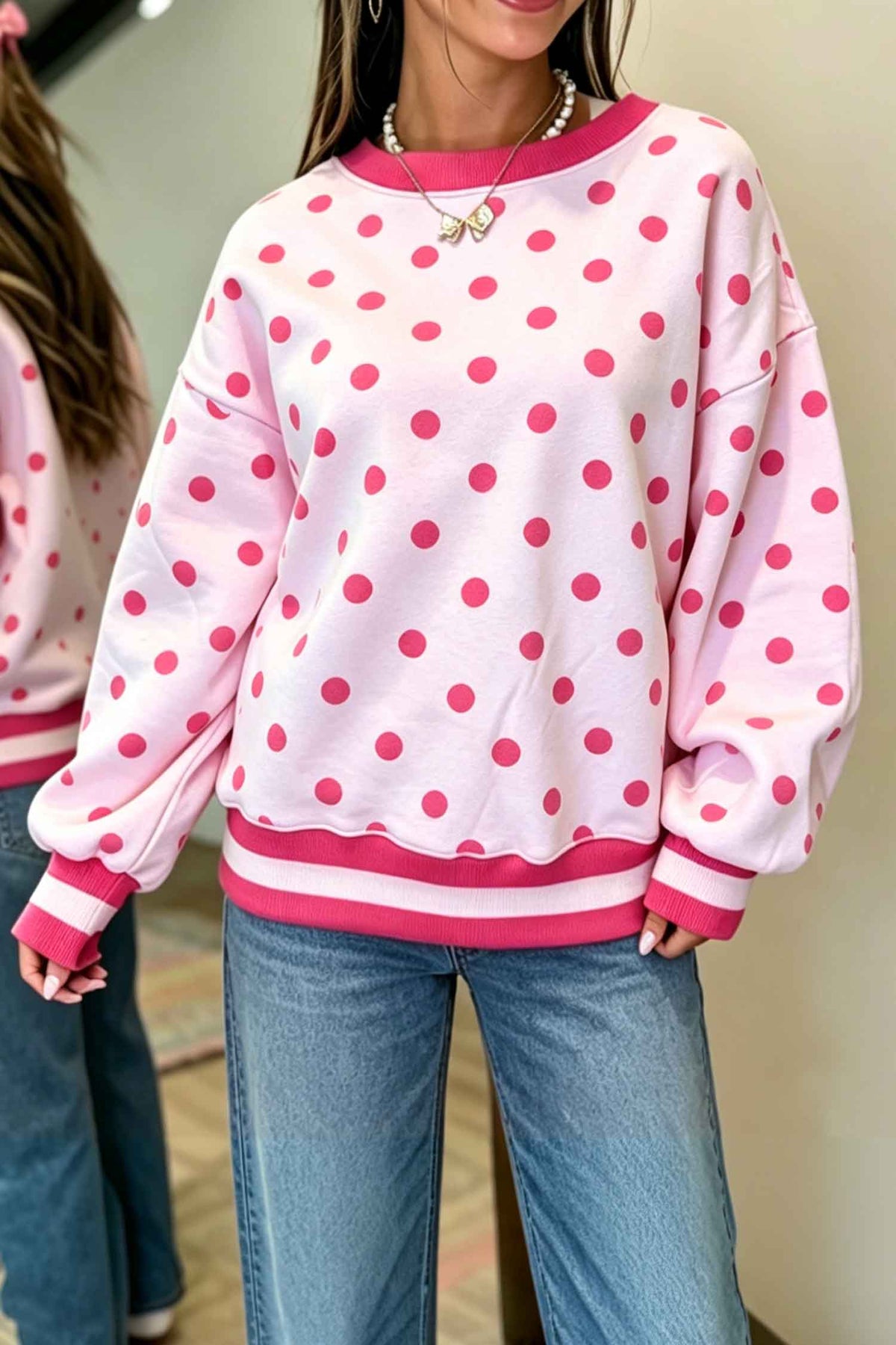 Pink Polka Dot Colorblock Round Neck Pullover Sweatshirt PREORDER ETA 3 WEEKS