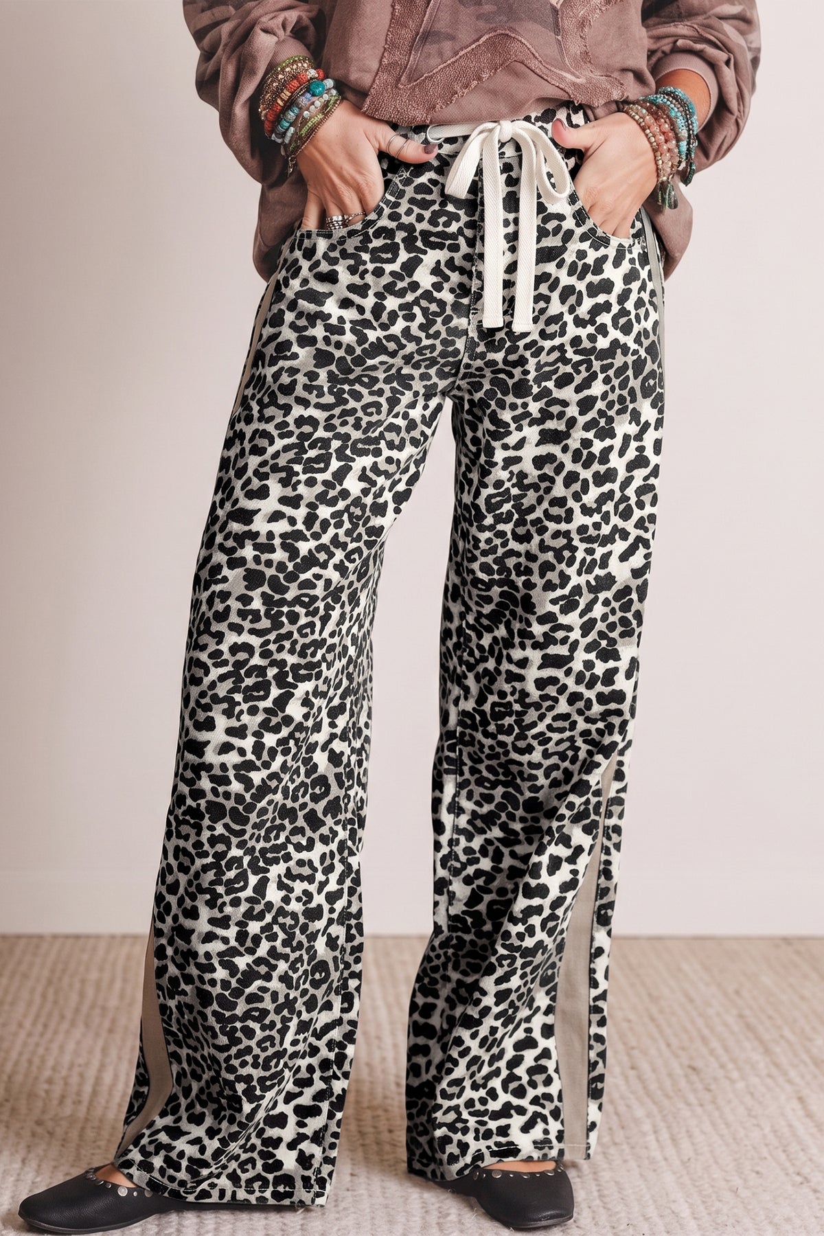 Khaki Leopard Print Drawstring Waist Straight Leg Jeans PREORDER ETA 3 WEEKS