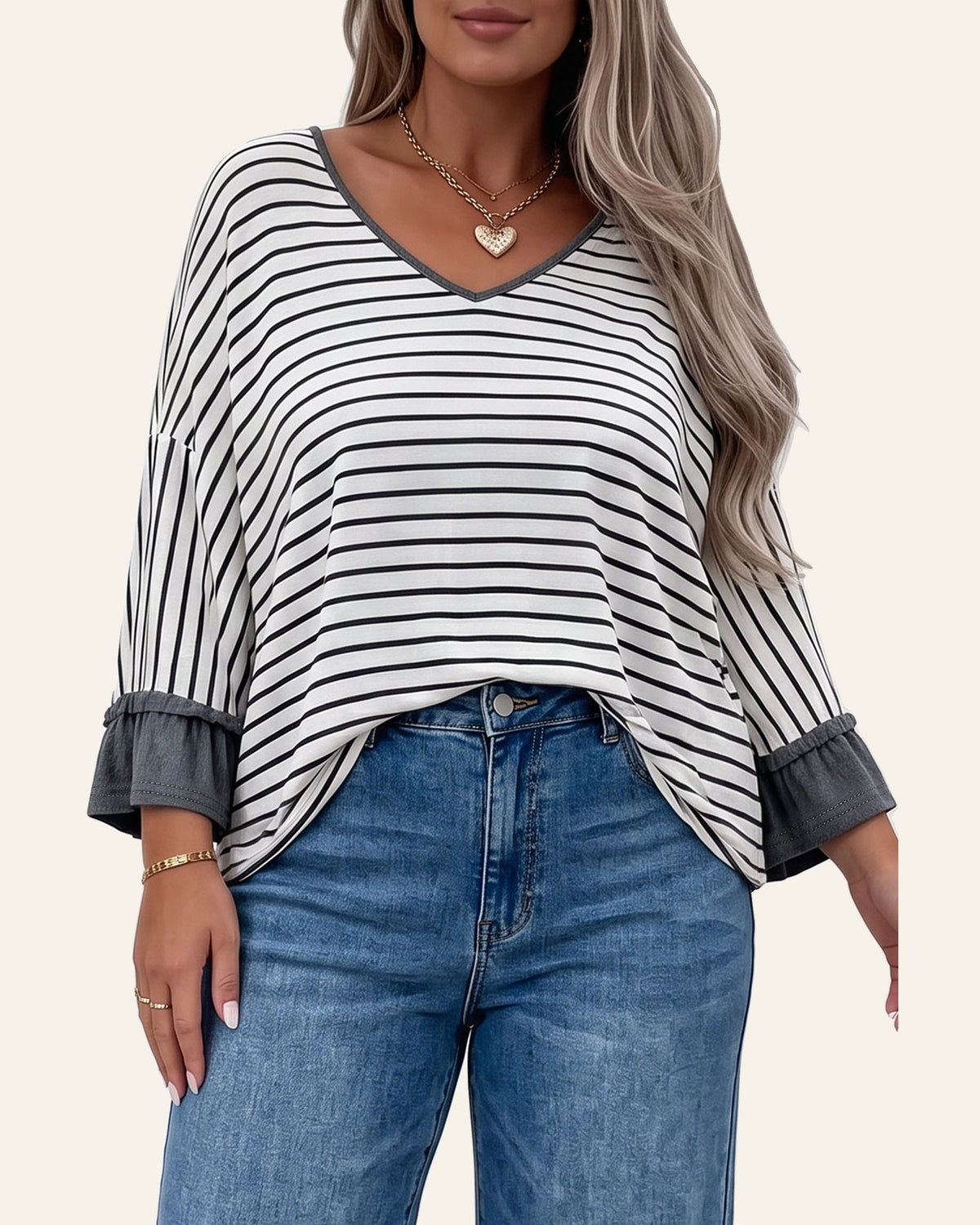 Gray Stripe Ruffled Bracelet Sleeve V Neck Plus Size Top PREORDER ETA 3 WEEKS