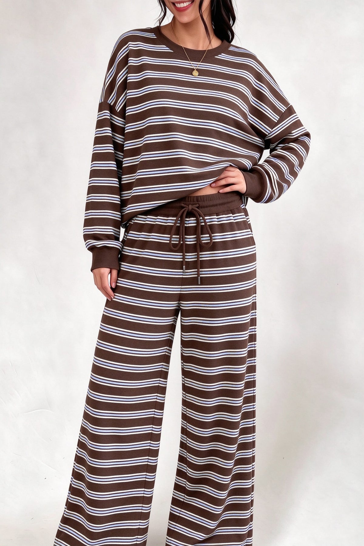 Brown Stripe Back Cutout Long Sleeve Top and Wide Leg Pants 2pcs Set PREORDER ETA 3 WEEKS