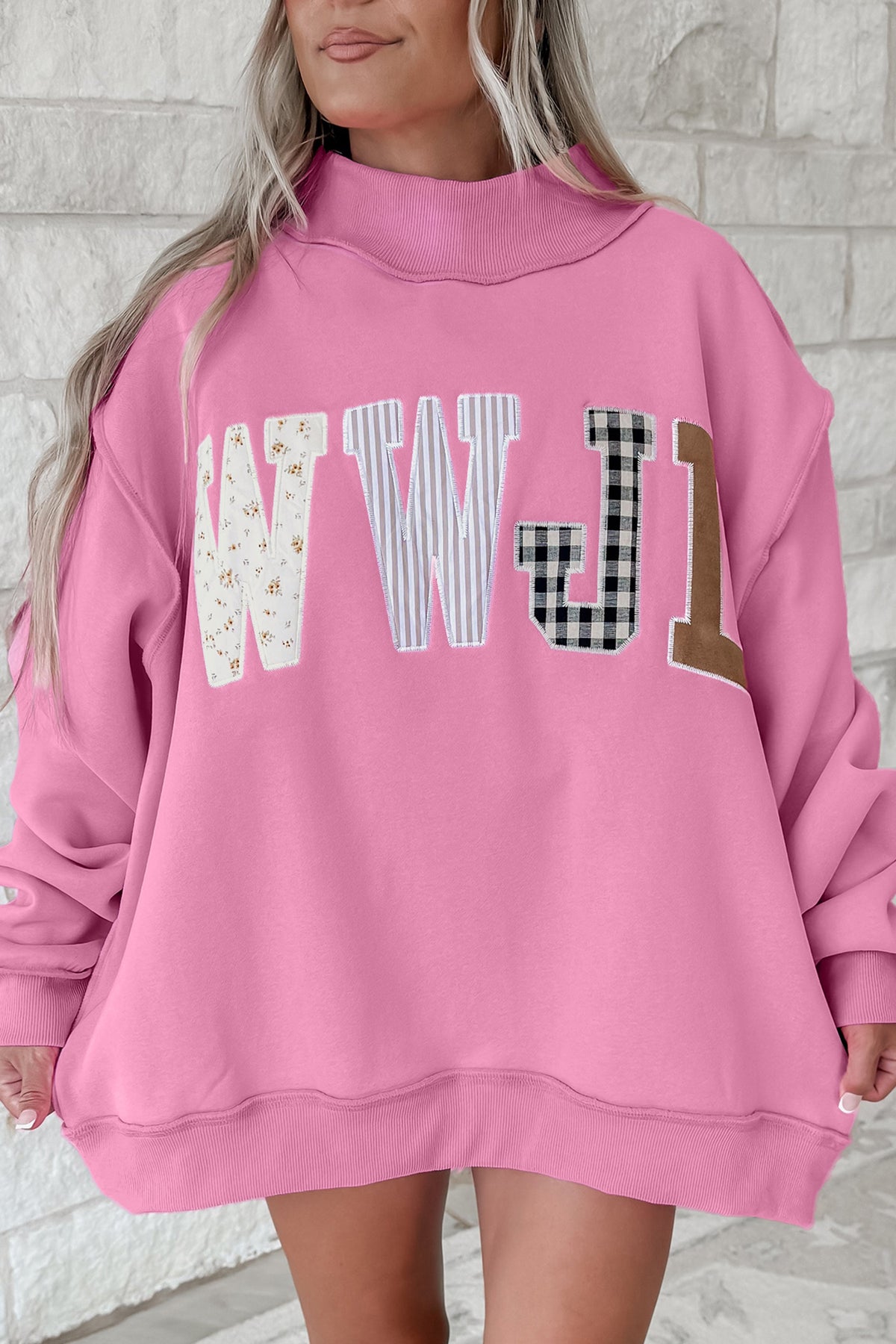 Bonbon WWJD Mixed Pattern Embroidered Patch Graphic Mock Neck Sweatshirt PREORDER ETA 3 WEEKS