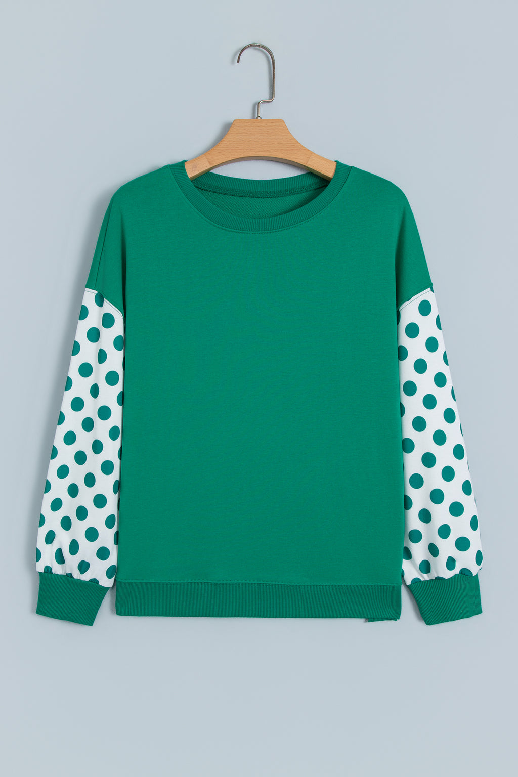 Green Polka Dot Patchwork Sleeve Crew Neck Loose Pullover Sweatshirt PREORDER ETA 3 WEEKS