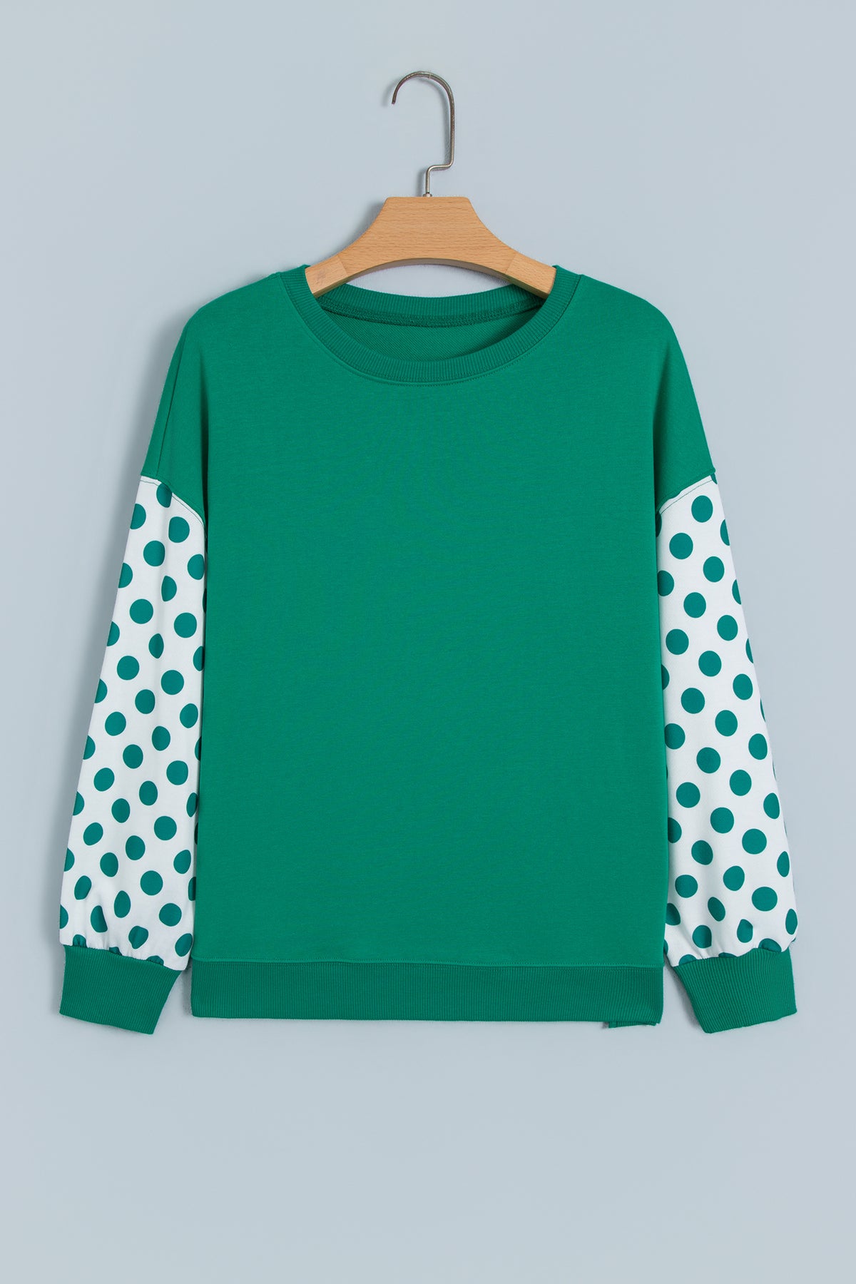 Green Polka Dot Patchwork Sleeve Crew Neck Loose Pullover Sweatshirt PREORDER ETA 3 WEEKS