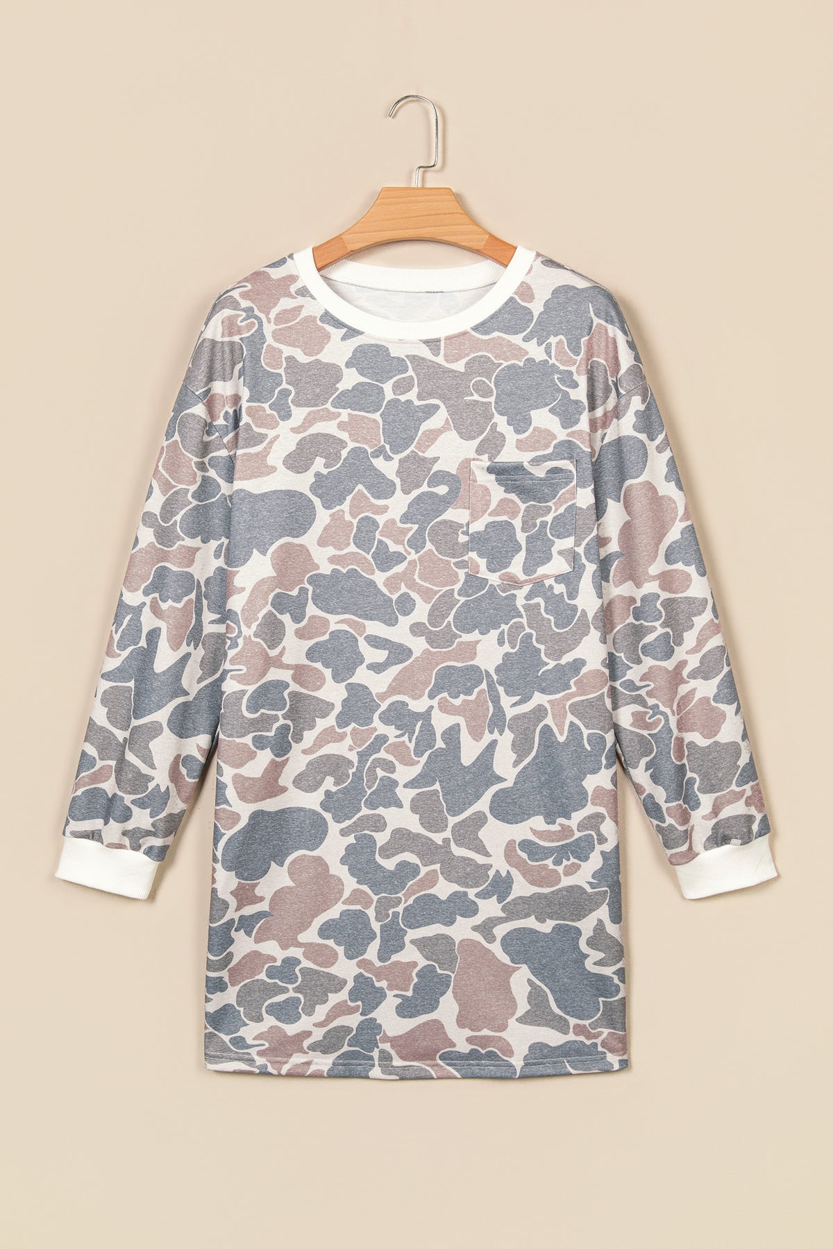 Beige Botanical Camo Print Long Sleeve Pocket Mini Dress PREORDER ETA 3 WEEKS