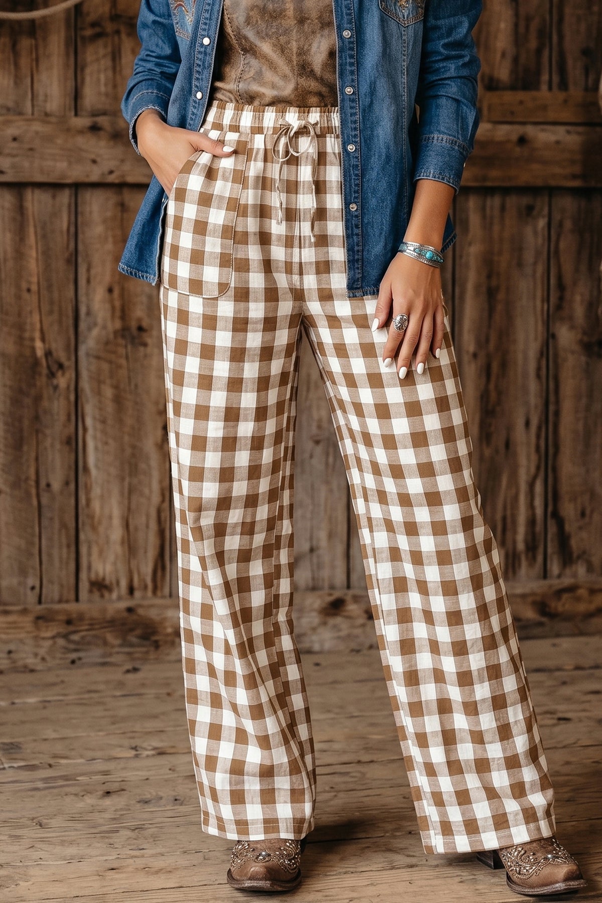 Brown Gingham Plaid Tie Elastic Waist Shift Pants PREORDER ETA 3 WEEKS