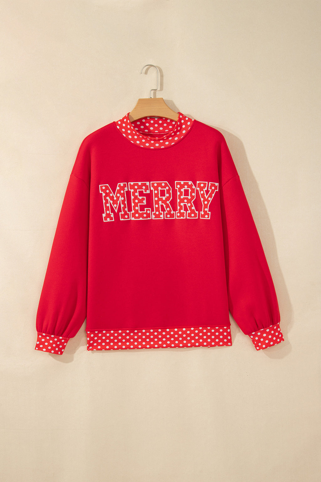 Tomato Red Polka Dot Letter Print Contrast Trim Mock Neck Sweatshirt PREORDER ETA 3 WEEKS