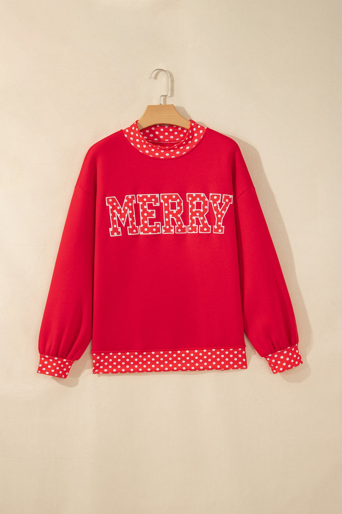 Tomato Red Polka Dot Letter Print Contrast Trim Mock Neck Sweatshirt PREORDER ETA 3 WEEKS