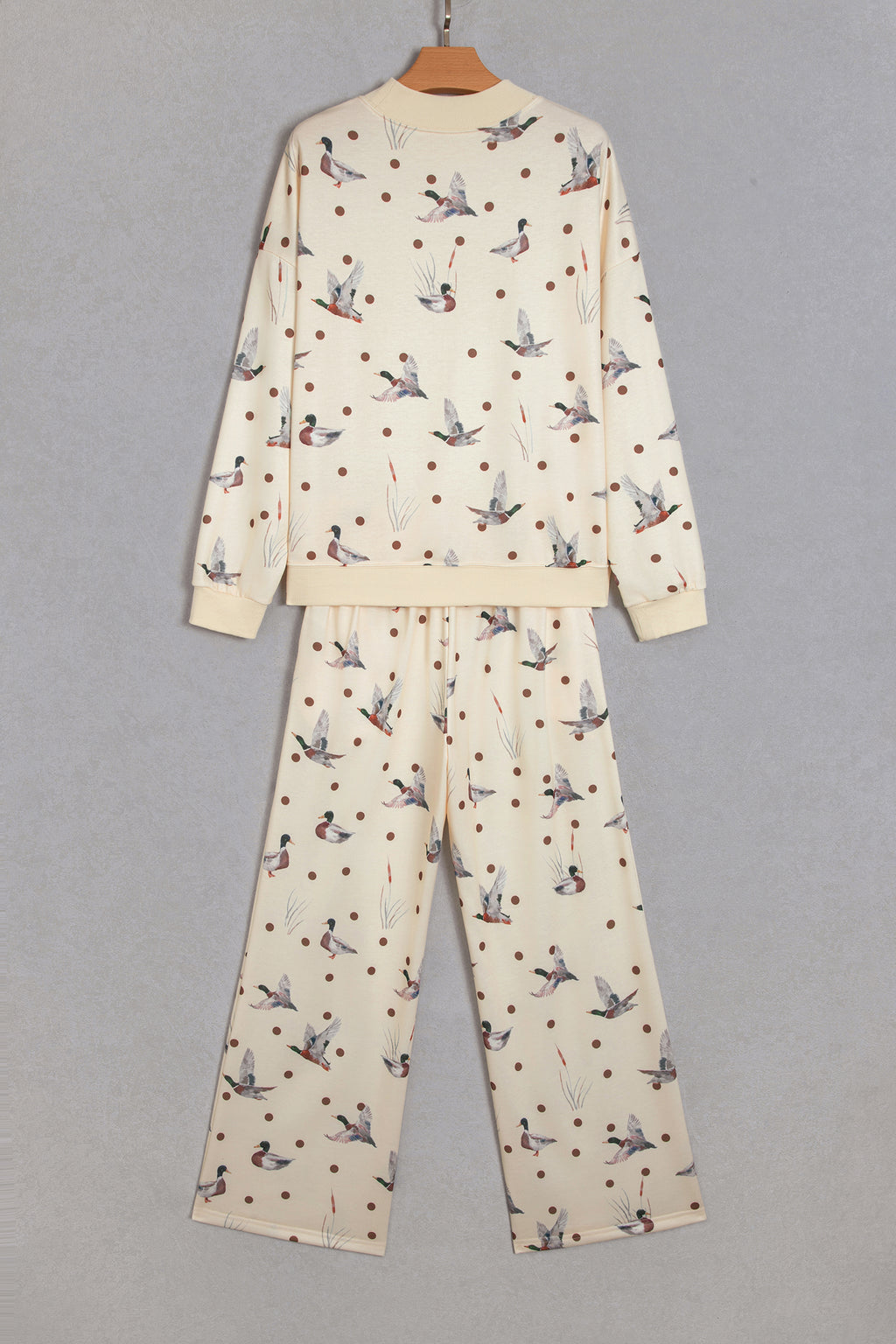 Beige Polka Dot Mallard Print Crewneck Pullover Two Piece Pants Set PREORDER ETA 3 WEEKS