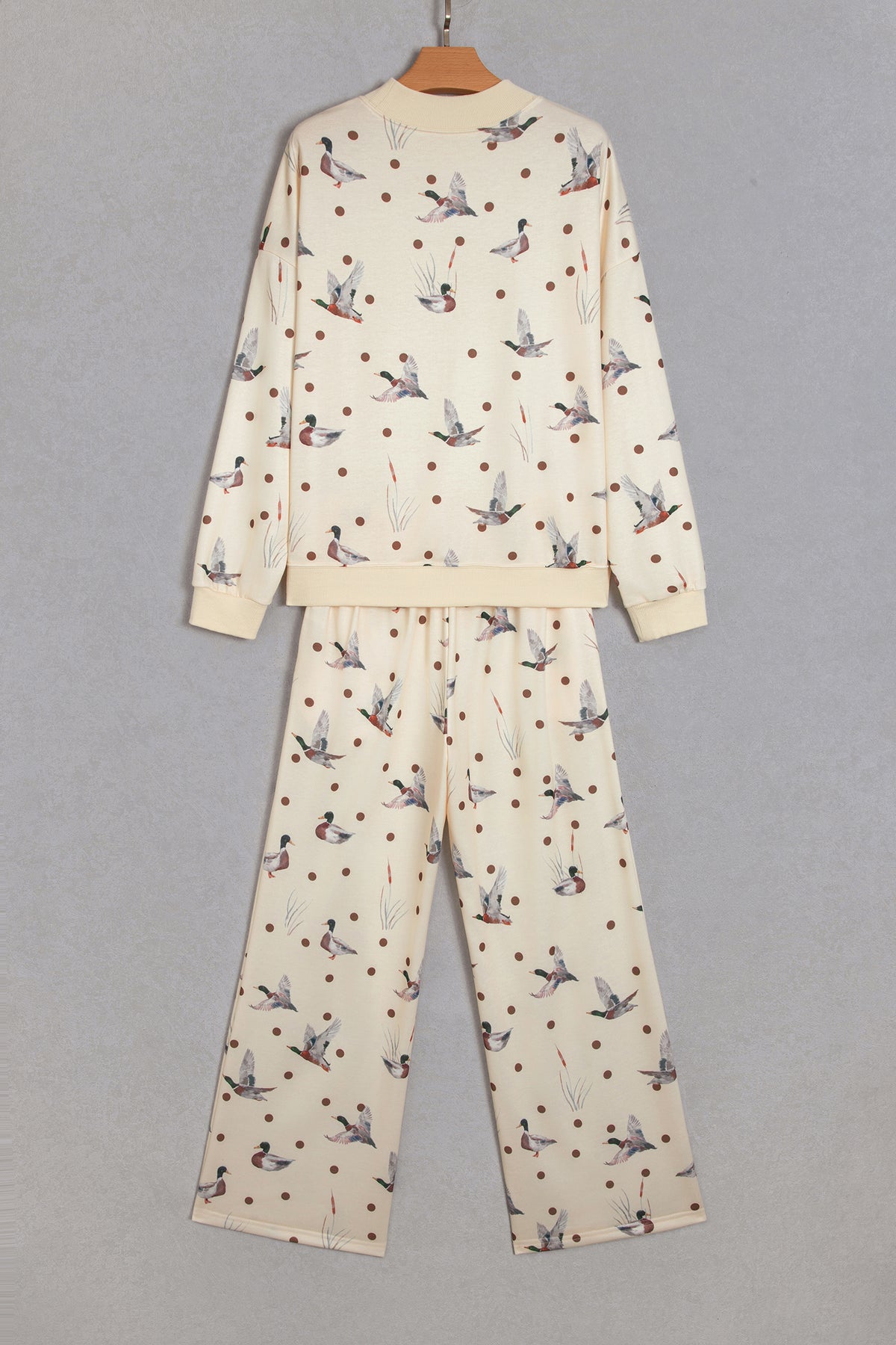 Beige Polka Dot Mallard Print Crewneck Pullover Two Piece Pants Set PREORDER ETA 3 WEEKS