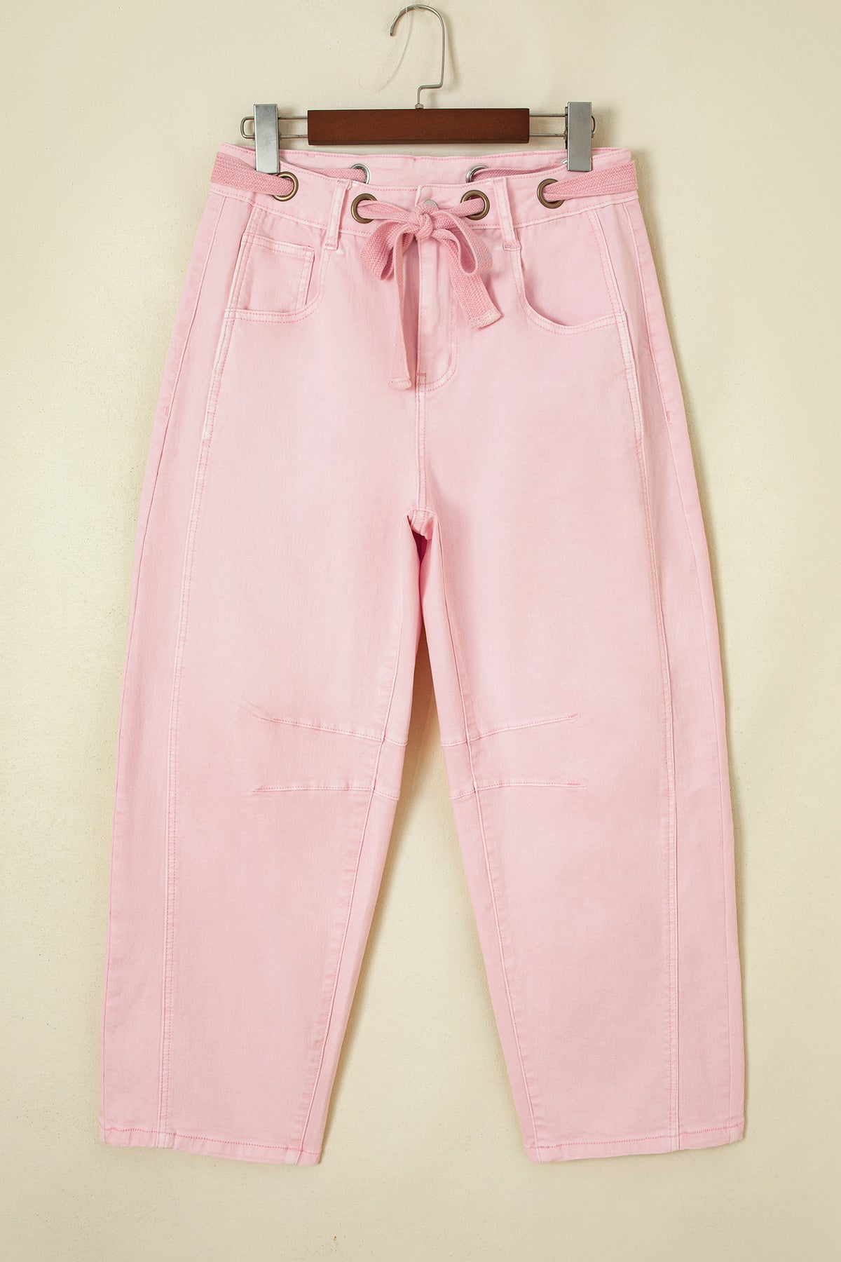 Light Pink Solid Color Grommet Detail Knot Waist Barrel Jeans PREORDER ETA 3 WEEKS