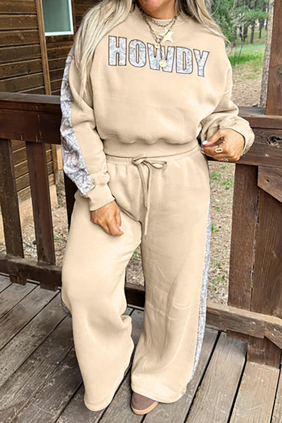Parchment HOWDY Letter Print Colorblock Side Stripe Long Sleeve Plus Size Set PREORDER ETA 3 WEEKS