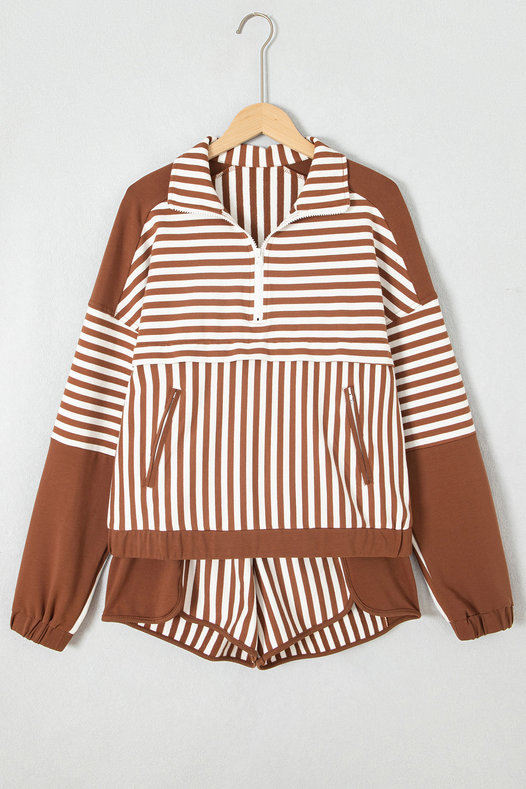 Brown Stripe Color Block Patchwork Quarter Zip Pullover Sporty Shorts Set PREORDER ETA 3 WEEKS