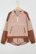Brown Stripe Color Block Patchwork Quarter Zip Pullover Sporty Shorts Set PREORDER ETA 3 WEEKS