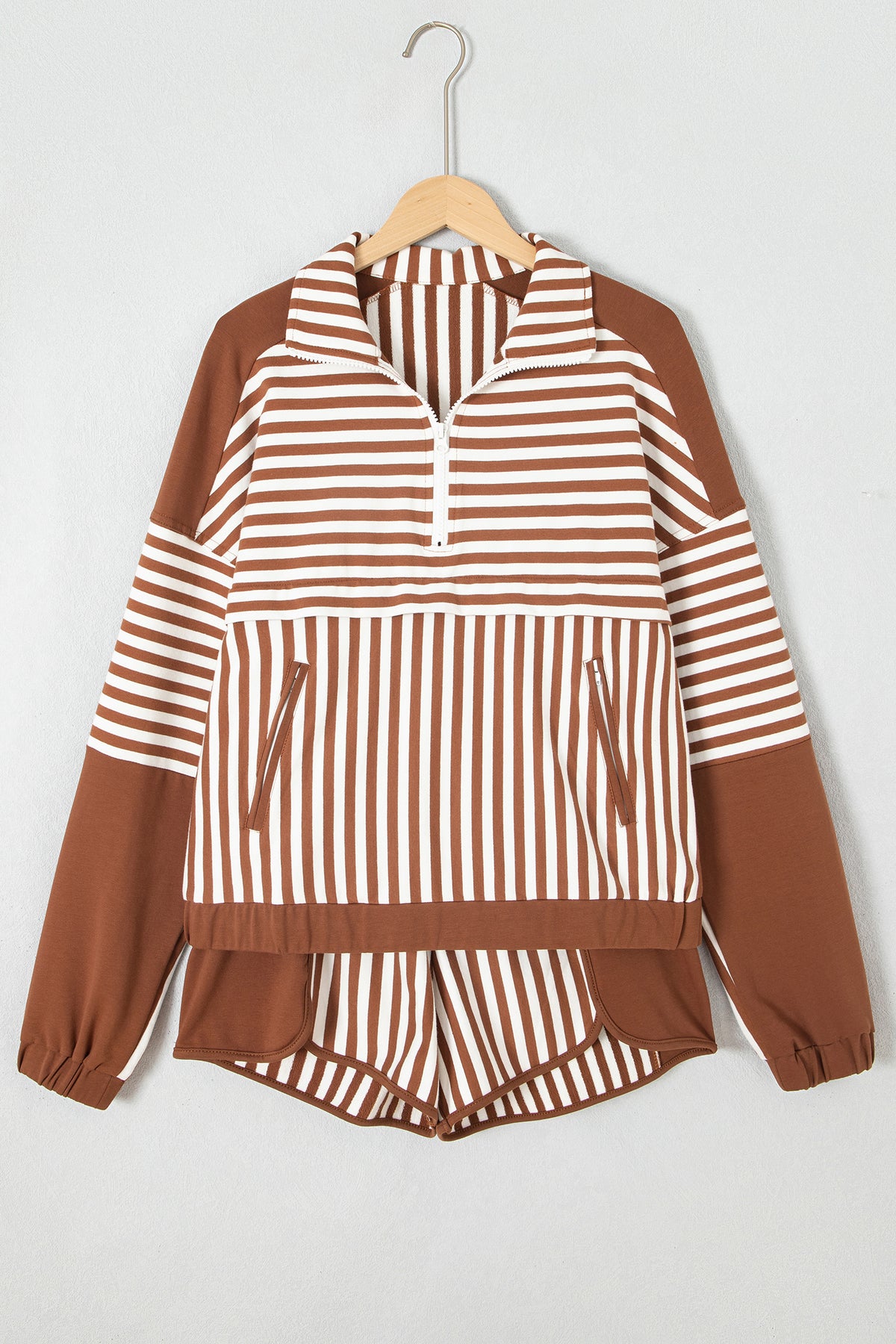 Brown Stripe Color Block Patchwork Quarter Zip Pullover Sporty Shorts Set PREORDER ETA 3 WEEKS