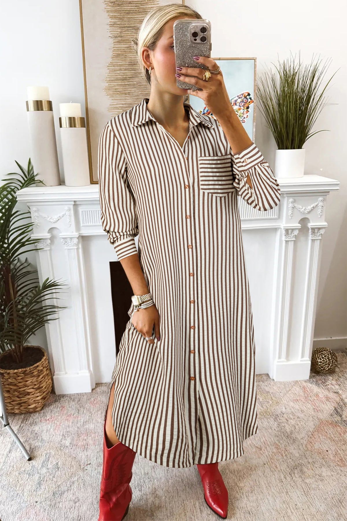 Brown Stripe Textured 3/4 Sleeve Round Hem Split Midi Shirt Dress PREORDER ETA 3 WEEKS