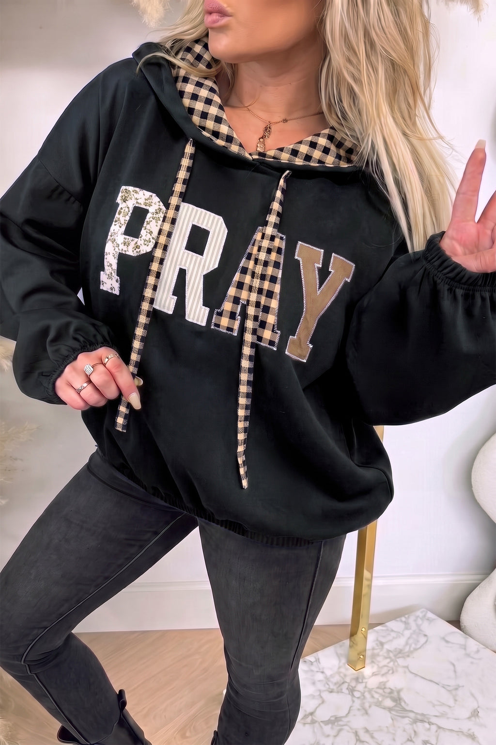 Black PRAY Mix Pattern Letter Graphic Plaid Contrast Drawstring Hoodie PREORDER ETA 3 WEEKS