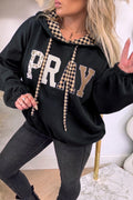 Black PRAY Mix Pattern Letter Graphic Plaid Contrast Drawstring Hoodie PREORDER ETA 3 WEEKS