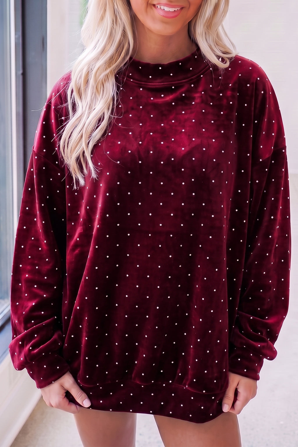 Red Velvet Polka Dot High Neck Tunic Pullover Sweatshirt PREORDER ETA 3 WEEKS