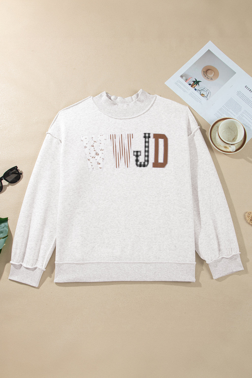 Gray WWJD Mix Pattern Letter Graphic Exposed Seam Loose Plus Size Sweatshirt PREORDER ETA 3 WEEKS