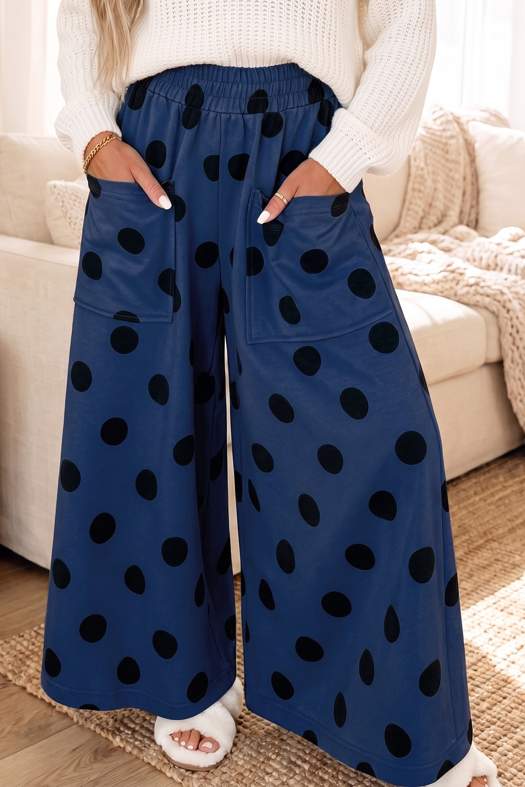 Sail Blue Polka Dot Wide Leg Elastic Waist Casual Pants PREORDER ETA 3 WEEKS