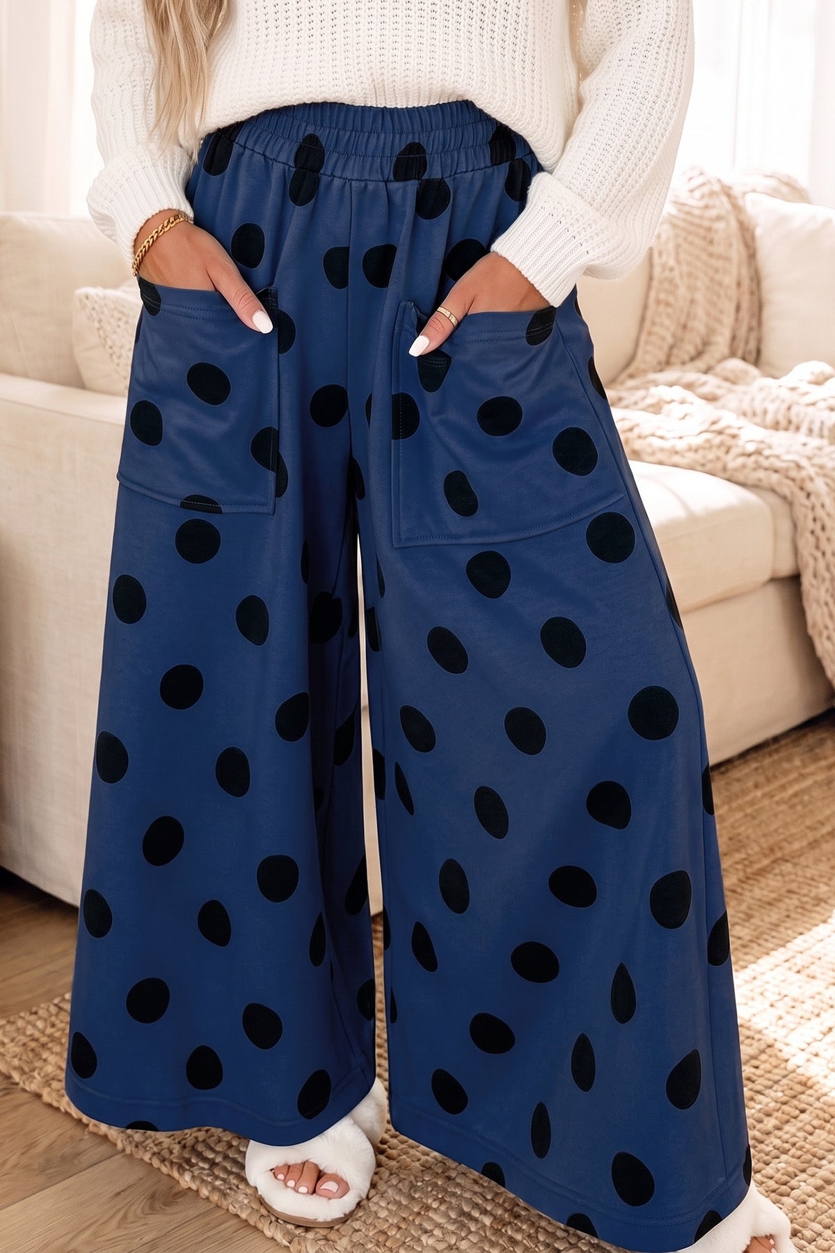 Sail Blue Polka Dot Wide Leg Elastic Waist Casual Pants PREORDER ETA 3 WEEKS