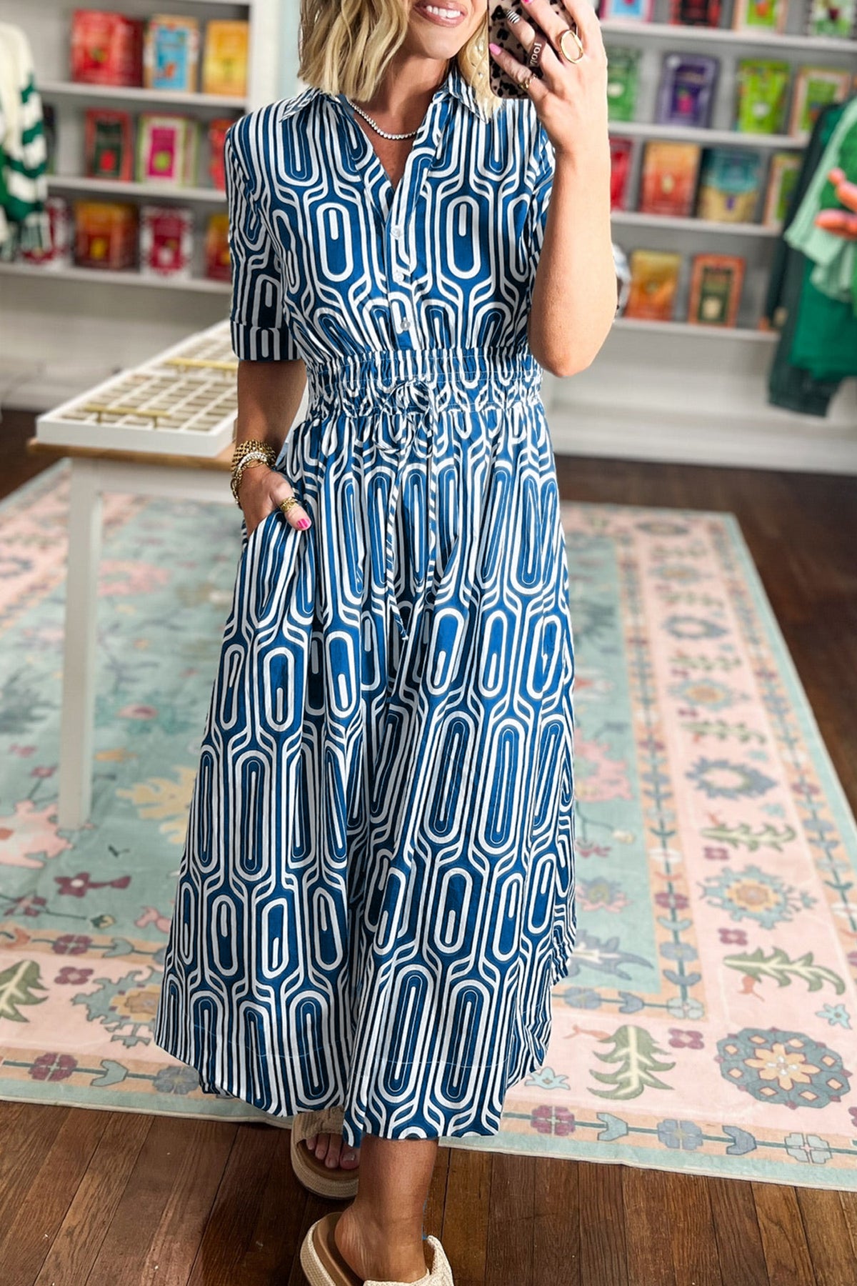 Blue Geometric Print Short Sleeve Drawstring Shirt Collar Dress PREORDER ETA 3 WEEKS