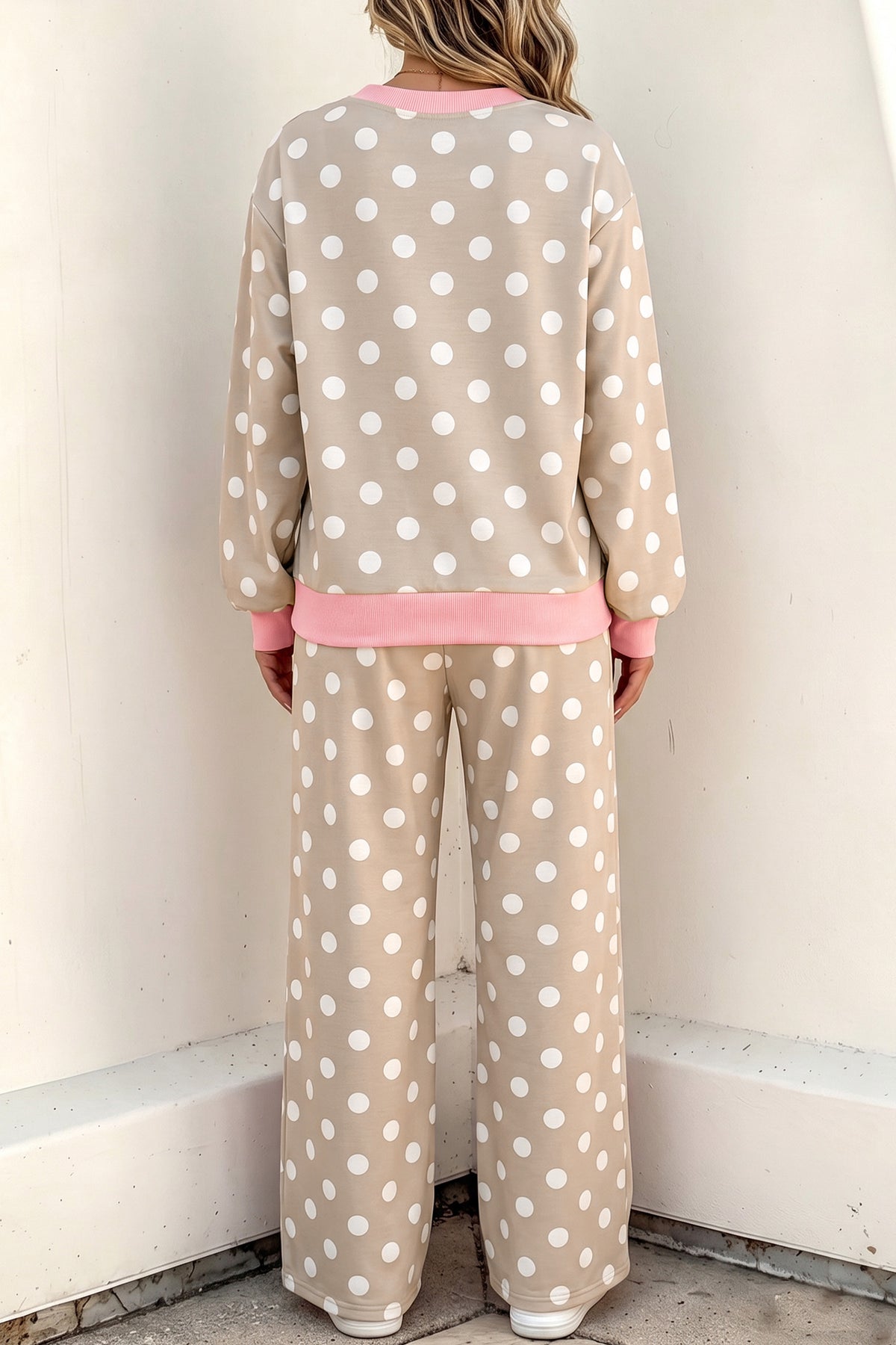 Khaki Polka Dot Contrast Trim Long Sleeve Top Drawstring Shift Pants Set PREORDER ETA 3 WEEKS
