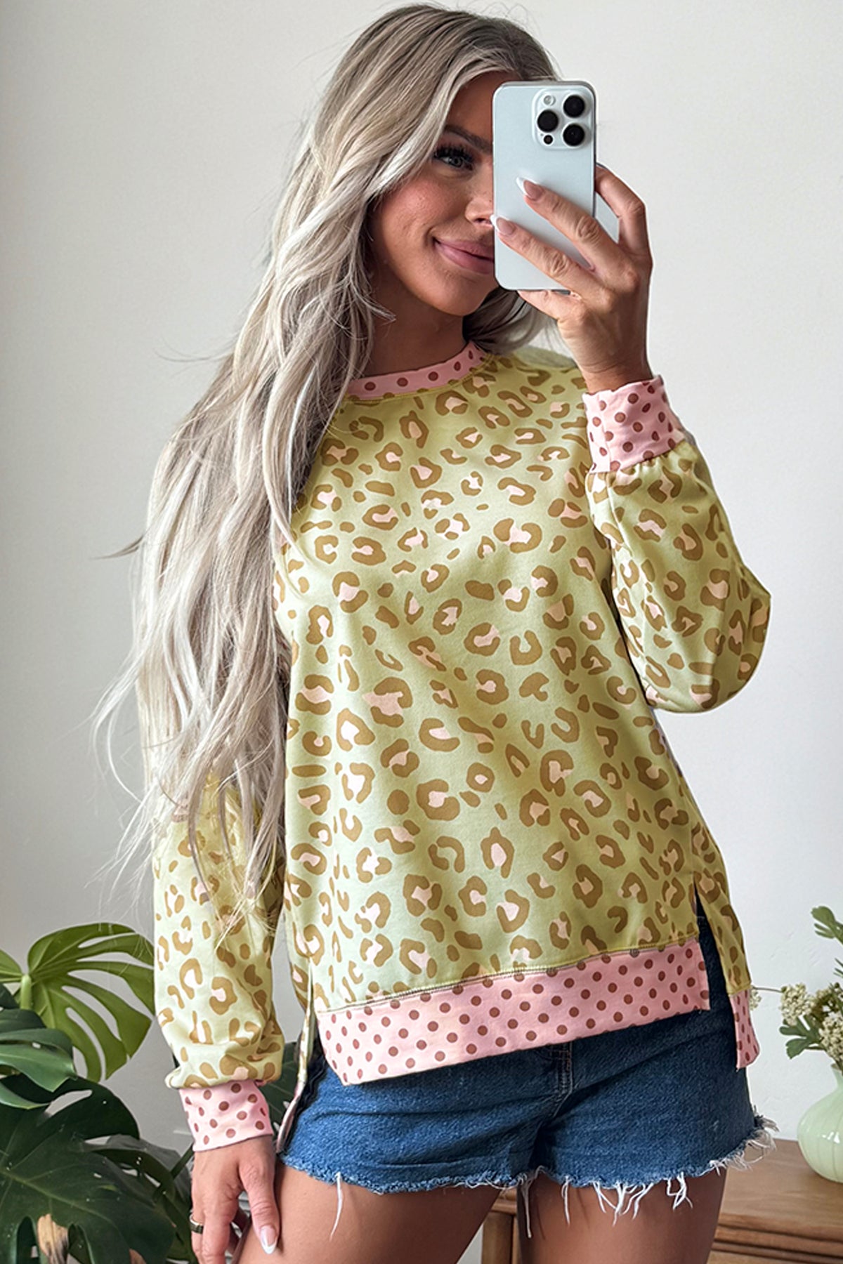 Khaki Leopard Polka Dot Colorblock Trim Long Sleeve Top PREORDER ETA 3 WEEKS