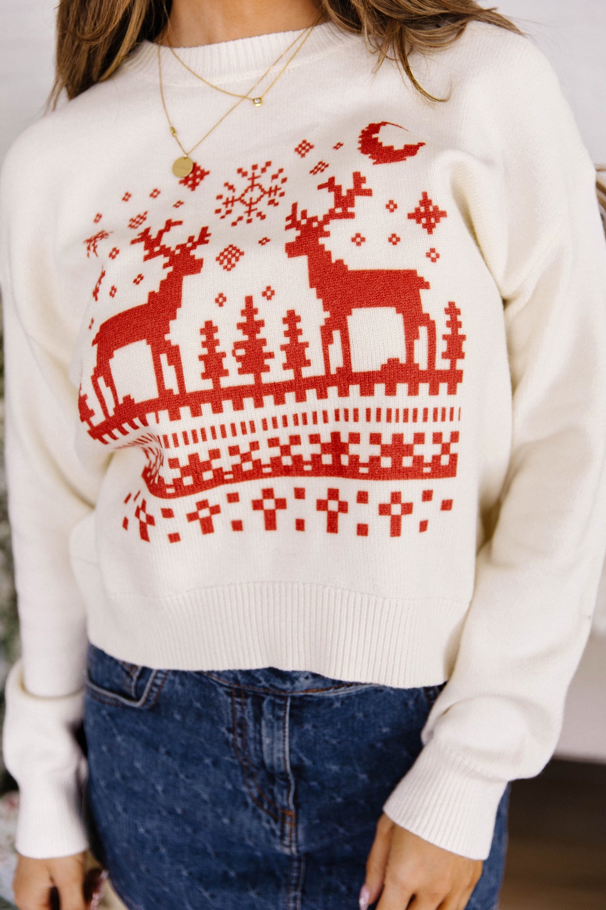 Beige Pixel Snowflake Reindeer Christmas Round Neck Casual Sweater PREORDER ETA 3 WEEKS