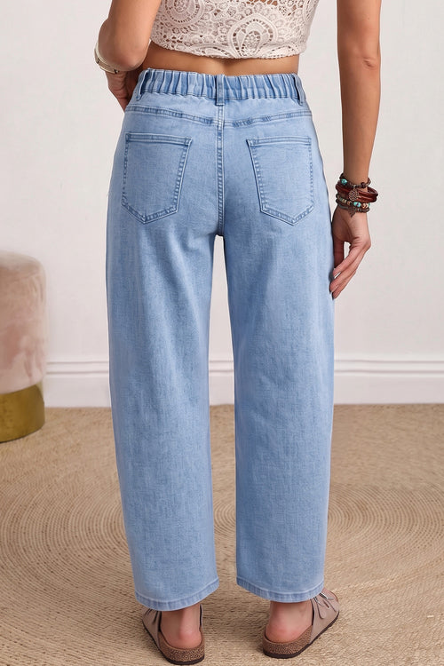 Beau Blue Solid Color Square Patch Pocket Ankle-length Barrel Jeans PREORDER ETA 3 WEEKS
