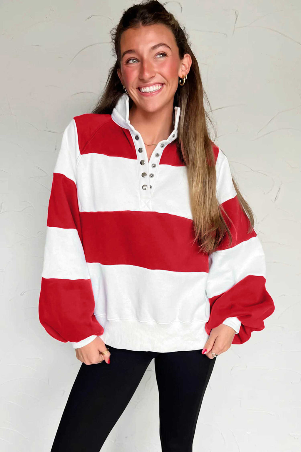 Fiery Red Striped Color Block Button V Neck Puff Sleeve Casual Sweatshirt PREORDER ETA 3 WEEKS