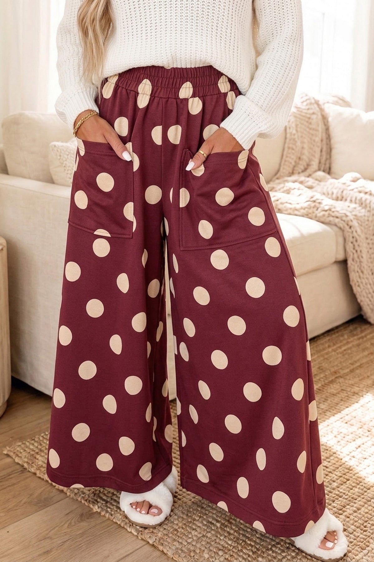 Burgundy Polka Dot Wide Leg Elastic Waist Casual Pants PREORDER ETA 3 WEEKS