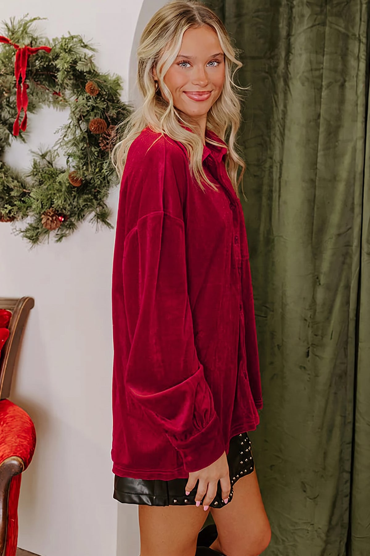 Fiery Red Soft Velvet Patch Pocket Button Down Loose Shirt PREORDER ETA 3 WEEKS